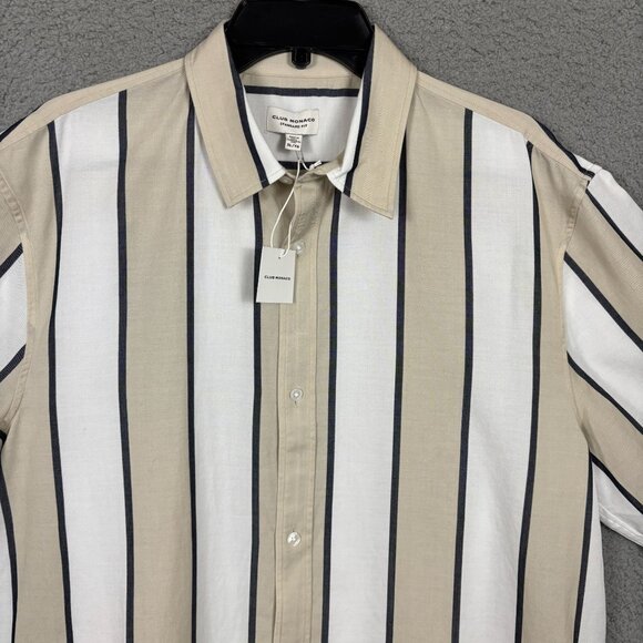 Club Monaco Mens Striped Short Sleeve Shirt Beige/White Size Extra Large NWT's - Picture 2 of 7